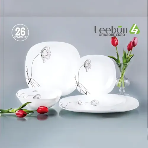 Набір посуду Leebull 26 предметів, опалове скло, 6 персон, білий із квітковим візерунком, модель 180511 - фото 7