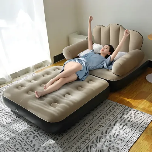 Надувне крісло диван ліжко 2 в 1, одномісне, 170×85×20 см, флоковане, до 160 кг, бежеве, ПВХ - фото 8