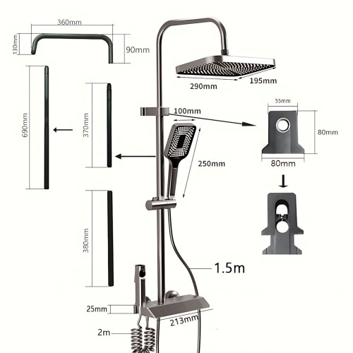 Чорний душовий набір 4 в 1 Black Bathroom Shower Set Piano Keys з тропічним душем і ручною лійкою, чорний - фото 9