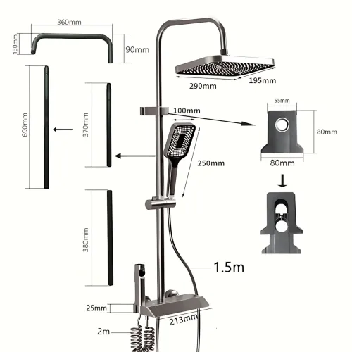 Чорний душовий набір 4 в 1 Black Bathroom Shower Set Piano Keys з тропічним душем і ручною лійкою, чорний - фото 19