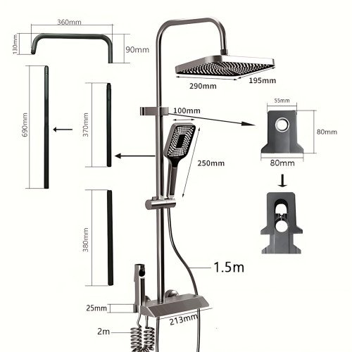 Черный душевой набор 4 в 1 Black Bathroom Shower Set Piano Keys с тропическим душем и ручной лейкой, черный - фото 9