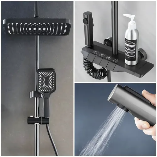 Чорний душовий набір 4 в 1 Black Bathroom Shower Set Piano Keys з тропічним душем і ручною лійкою, чорний