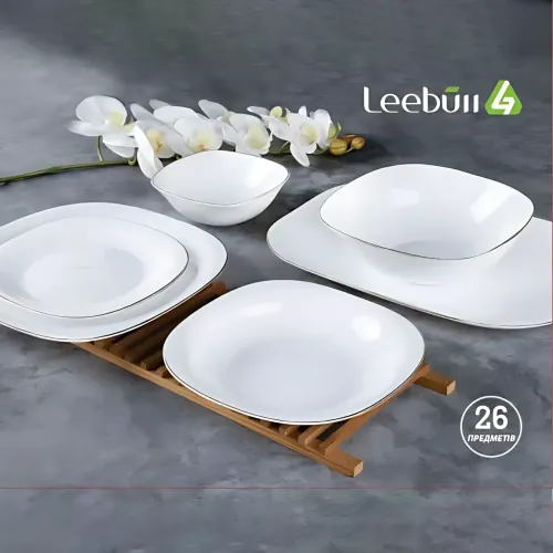 Набір посуду Leebull MKS-523, 26 предметів, квадратна форма, білий із золотистою облямівкою, опалове скло Arc - фото 2