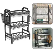 Сушарка для посуду 3-рівня Bowl Rack, настільна/над мийкою, сталь + пластик, стік для води