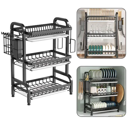 Сушарка для посуду 3-рівня Bowl Rack, настільна/над мийкою, сталь + пластик, стік для води