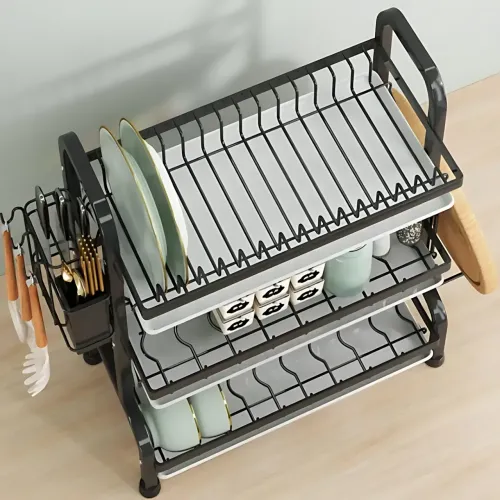 Сушарка для посуду 3-рівня Bowl Rack, настільна/над мийкою, сталь + пластик, стік для води - фото 4
