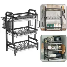 Сушарка для посуду 3-рівня Bowl Rack, настільна/над мийкою, сталь + пластик, стік для води