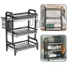 Сушарка для посуду 3-рівня Bowl Rack, настільна/над мийкою, сталь + пластик, стік для води