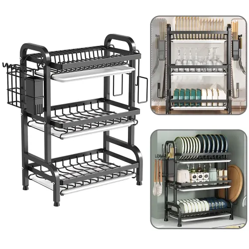 Сушарка для посуду 3-рівня Bowl Rack, настільна/над мийкою, сталь + пластик, стік для води