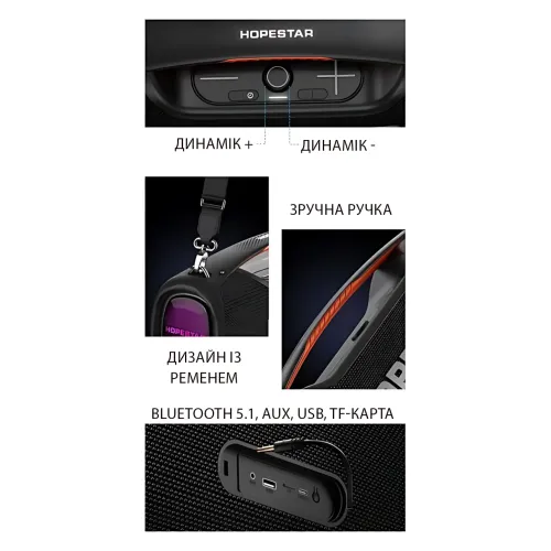 Беспроводная Bluetooth колонка Hopestar A60 100 Вт с микрофоном, TWS, RGB-подсветкой, защитой IPX6, с караоке - фото 3