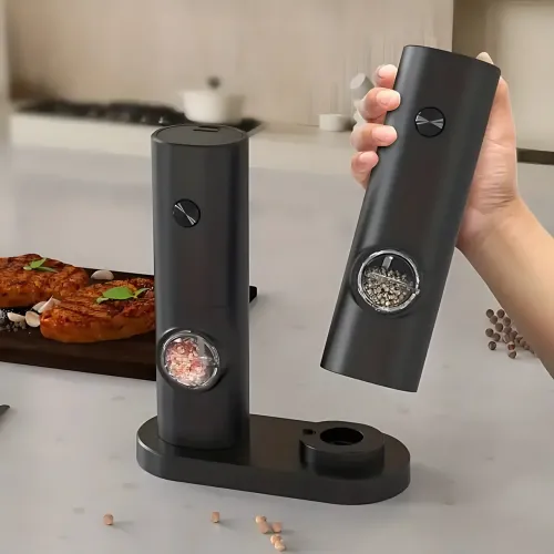 Електричний млин для солі та перцю 2 в 1 з підставкою та підставкою, регулювання помелу, на батарейках - фото 8