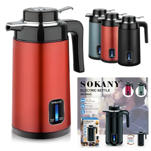 Електричний чайник-термочайник Sokany SK-09042 2 л, 1500 Вт, подвійні стінки, з неіржавкої сталі SUS316 Червоний