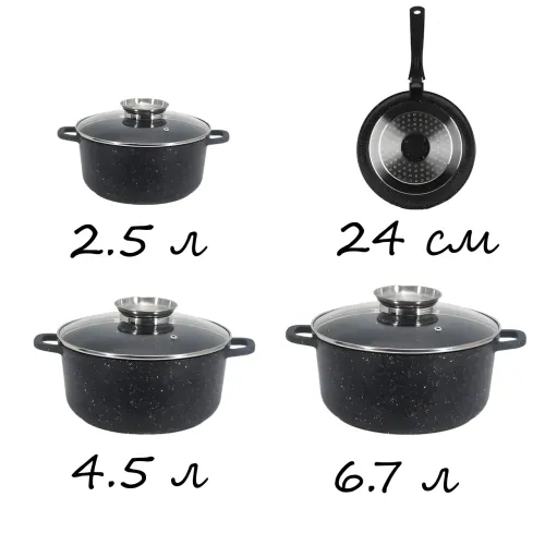 Набір посуду Top Kitchen TK00076, 7 предметів — каструлі з мармуровим антипригарним покриттям, алюміній, скло - фото 5