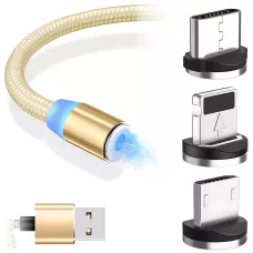 Магнітний кабель 3в1 X-Cable Magnetic М3 Lightning/MicroUSB/Type-C, 1 м, 2A, в обплетенні, золотистий