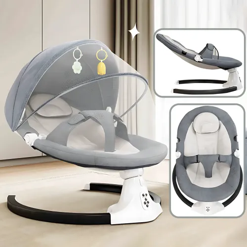 Дитяча колиска-гойдалка електрична WX-088, з музикою, Bluetooth, регулюванням спинки, таймером і москітною сіткою, пультом, сірий