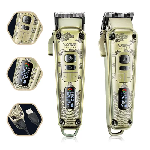 Машинка для стриження волосся й бороди VGR V-005, 5 Вт, 4 швидкості, USB-C, 8 насадок 1.5-19 мм, LED-дисплей