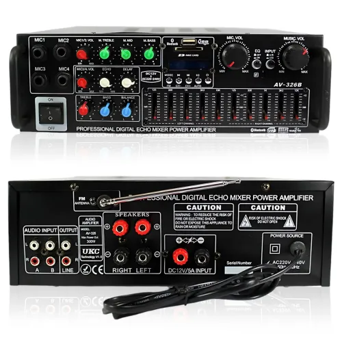 Підсилювач звуку AMP-326BT 300 Вт з Bluetooth, FM-радіо, USB, SD, караоке, еквалайзером і пультом, стереопідсилювач 2×150 Вт