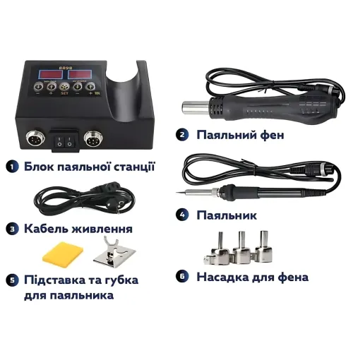 Електрична паяльна станція MA650, 2 в 1, 60 Вт, фен + паяльник, цифровий дисплей, температура 100-500 °C, з насадками - фото 10