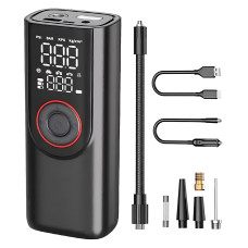 Портативный компрессор ATJ-9566 (3×2000mAh, 80W, 3–150 PSI) с цифровым дисплеем, LED-фонариком, Powerbank и набором насадок