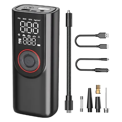 Портативний компресор ATJ-9566 (3×2000mAh, 80W, 3-150 PSI) з цифровим дисплеєм, LED-ліхтариком, Powerbank і набором насадок - фото 2