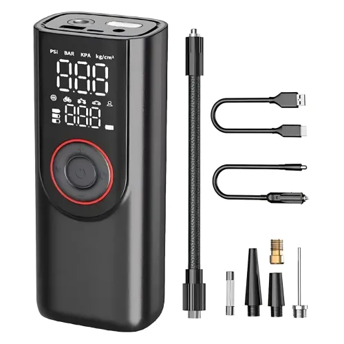 Портативний компресор ATJ-9566 (3×2000mAh, 80W, 3-150 PSI) з цифровим дисплеєм, LED-ліхтариком, Powerbank і набором насадок - фото 2