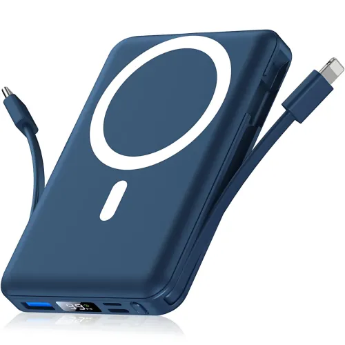 Power Bank Yiisonger KT-D011 10000 mAh, 22.5 Вт, магнітна, бездротова зарядка 15 Вт, вбудовані кабелі, цифровий дисплей, синій Фіо - фото 2