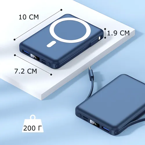 Power Bank Yiisonger KT-D011 10000 mAh, 22.5 Вт, магнітне, бездротове заряджання 15 Вт, вбудовані кабелі, цифровий дисплей, синій  - фото 9