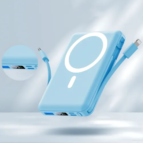 Power Bank Yiisonger KT-D011 10000 mAh, 22.5 Вт, магнітне, бездротове заряджання 15 Вт, вбудовані кабелі, цифровий дисплей, синій 