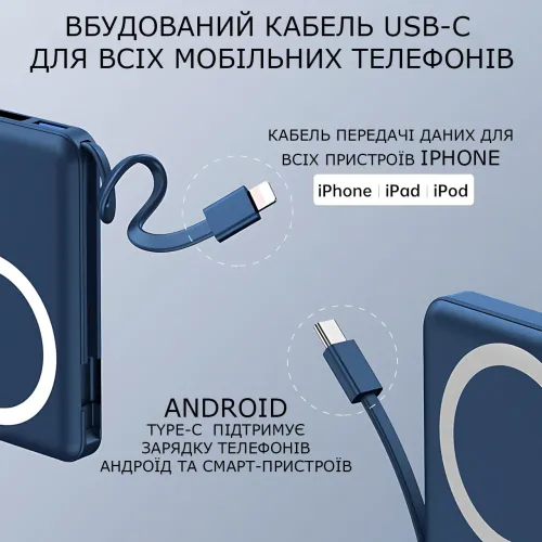 Power Bank Yiisonger KT-D011 10000 mAh, 22.5 Вт, магнітне, бездротове заряджання 15 Вт, вбудовані кабелі, цифровий дисплей, синій - фото 4