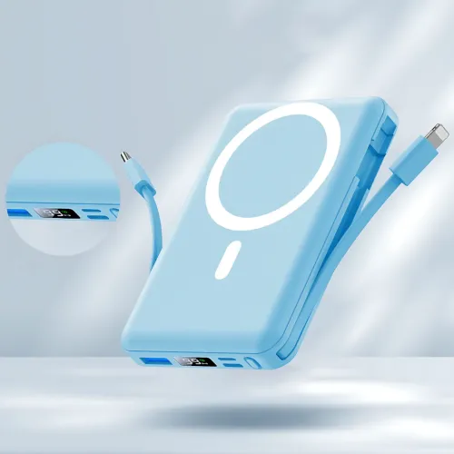 Power Bank Yiisonger KT-D011 10000 mAh, 22.5 Вт, магнітне, бездротове заряджання 15 Вт, вбудовані кабелі, цифровий дисплей, синій