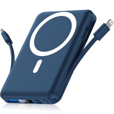 Power Bank Yiisonger KT-D011 10000 mAh, 22.5 Вт, магнитный, беспроводная зарядка 15 Вт, встроенные кабели, цифровой дисплей, синий Серый