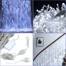 Гірлянда-штора XMAS 300 LED W-9, 3×3 м, холодне біле світло, мідний дріт, ретростиль, 220 В, з'єднується, внутрішня, водоспад
