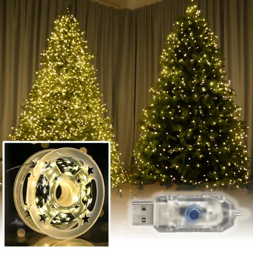 Гирлянда Роса ЗЕЛЁНАЯ USB 50 м, 500 LED, на гибкой зелёной проволоке, 8 режимов, IP20, декоративная микро-гирлянда AND 5347