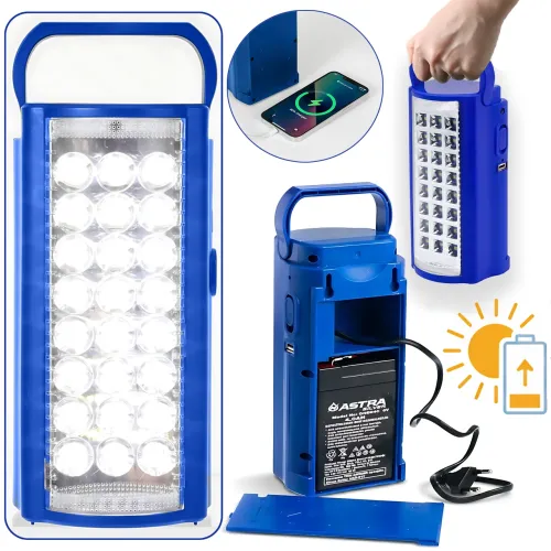 Акумуляторний світлодіодний ліхтар Astra Silver RD-24, 24 LED, 80 Вт, 6V/4000 mAh, USB, SOLAR, 220 В, синій