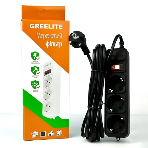 Мережевий фільтр GRELITE SP3, подовжувач на 3 розетки з вимикачем, 1.8 м, 2500 Вт, заземлення, захист від перенапруги, чорний Біли - фото 6