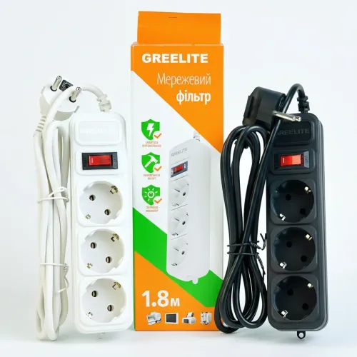 Мережевий фільтр GRELITE SP3, подовжувач на 3 розетки з вимикачем, 1.8 м, 2500 Вт, заземлення, захист від перенапруги, чорний Біли - фото 8