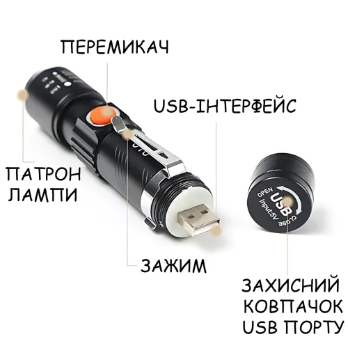 Аккумуляторный LED фонарь Bailong BL-616-T6, XM-L T6, 500 лм, 3 режима, USB-зарядка, влагозащищённый, металлический корпус, клипса - фото 4
