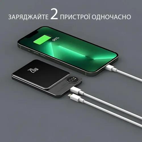 Power Bank Q9 MagSafe 5000 mAh 20W с беспроводной зарядкой Qi 15W, PD Type-C, дисплей, ультратонкий 12 мм, магнитный павербанк Зеленый - фото 6