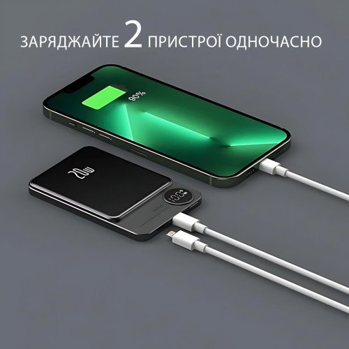Power Bank Q9 MagSafe 5000 mAh 20 W з бездротовою зарядкою Qi 15W, PD Type-C, дисплей, ультратонкий 12 мм, магнітний павербанк Зел - фото 5