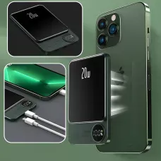 Power Bank Q9 MagSafe 5000 mAh 20W с беспроводной зарядкой Qi 15W, PD Type-C, дисплей, ультратонкий 12 мм, магнитный павербанк Зеленый