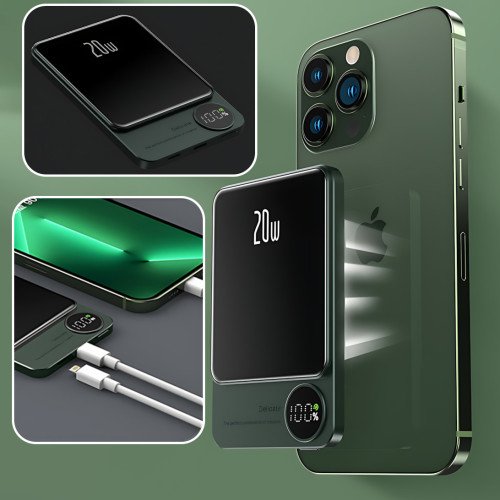 Power Bank Q9 MagSafe 5000 mAh 20 W з бездротовою зарядкою Qi 15W, PD Type-C, дисплей, ультратонкий 12 мм, магнітний павербанк Зел - фото 10