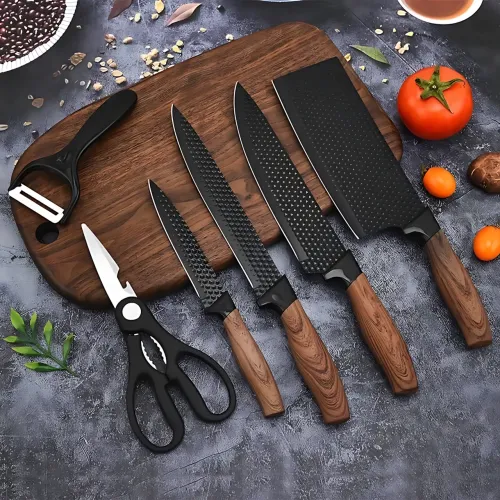 Набір кухонних ножів Kitchen Utensils HA177, 4 ножі + ножиці + овочечистка, неіржавка сталь із керамічним покриттям, SoftTouch - фото 2