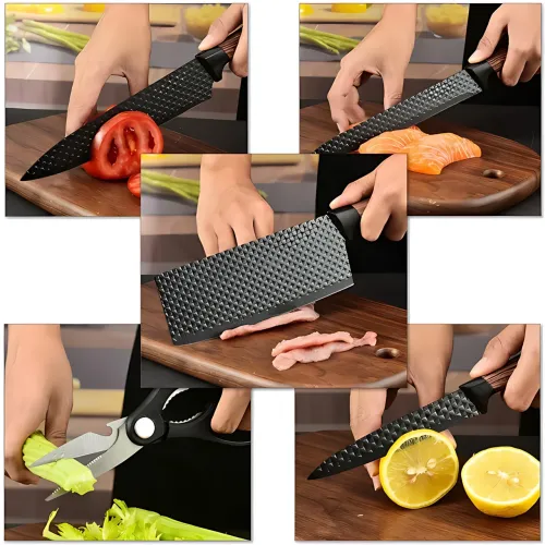 Набір кухонних ножів Kitchen Utensils HA177, 4 ножі + ножиці + овочечистка, неіржавка сталь із керамічним покриттям, SoftTouch - фото 6