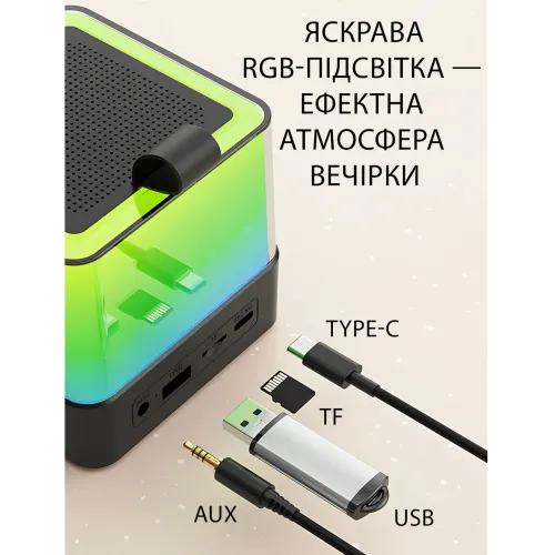 Портативная Bluetooth колонка K18 с караоке RGB-подсветка, LED-дисплей, 2 беспроводных микрофона, USB/AUX, встроенный аккумулятор - фото 4