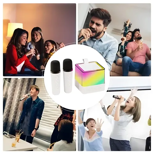 Портативна Bluetooth-колонка K18 з караоке RGB-підсвітка, LED-дисплей, 2 бездротові мікрофони, USB/AUX, вбудований акумулятор Біли - фото 10