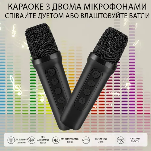 Портативна Bluetooth-колонка K18 з караоке RGB-підсвітка, LED-дисплей, 2 бездротові мікрофони, USB/AUX, вбудований акумулятор Біли - фото 7