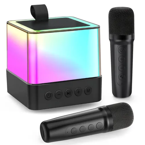 Портативная Bluetooth колонка K18 с караоке RGB-подсветка, LED-дисплей, 2 беспроводных микрофона, USB/AUX, встроенный аккумулятор Белый - фото 2