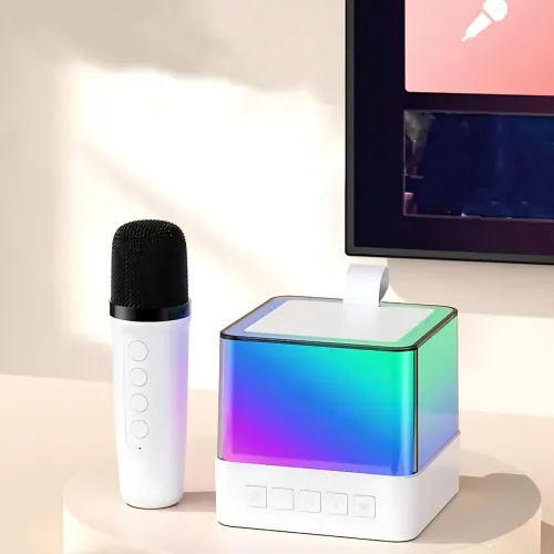 Портативная Bluetooth колонка K18 с караоке RGB-подсветка, LED-дисплей, 2 беспроводных микрофона, USB/AUX, встроенный аккумулятор Белый - фото 3