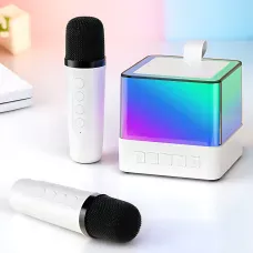 Портативна Bluetooth-колонка K18 з караоке RGB-підсвітка, LED-дисплей, 2 бездротові мікрофони, USB/AUX, вбудований акумулятор Біли
