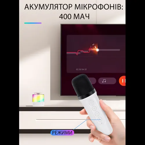 Портативна караоке-система K19 з 2 бездротовими мікрофонами, Bluetooth 5.3, RGB LED-підсвітка, USB/TF/AUX, 6 Вт, акумулятор - фото 5